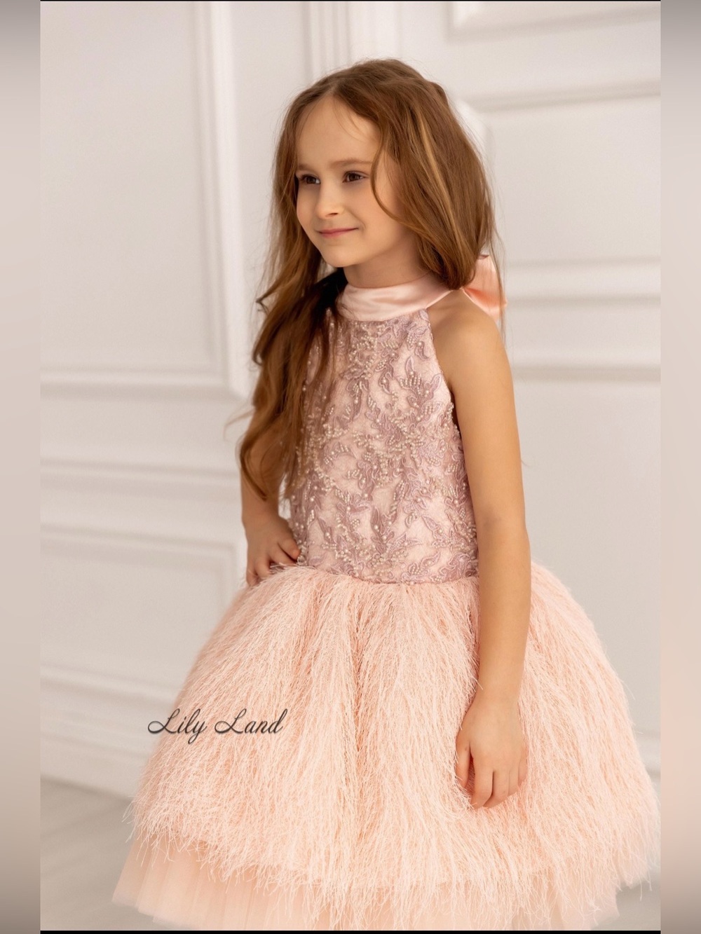 Girls Peachy Feather Party Dress